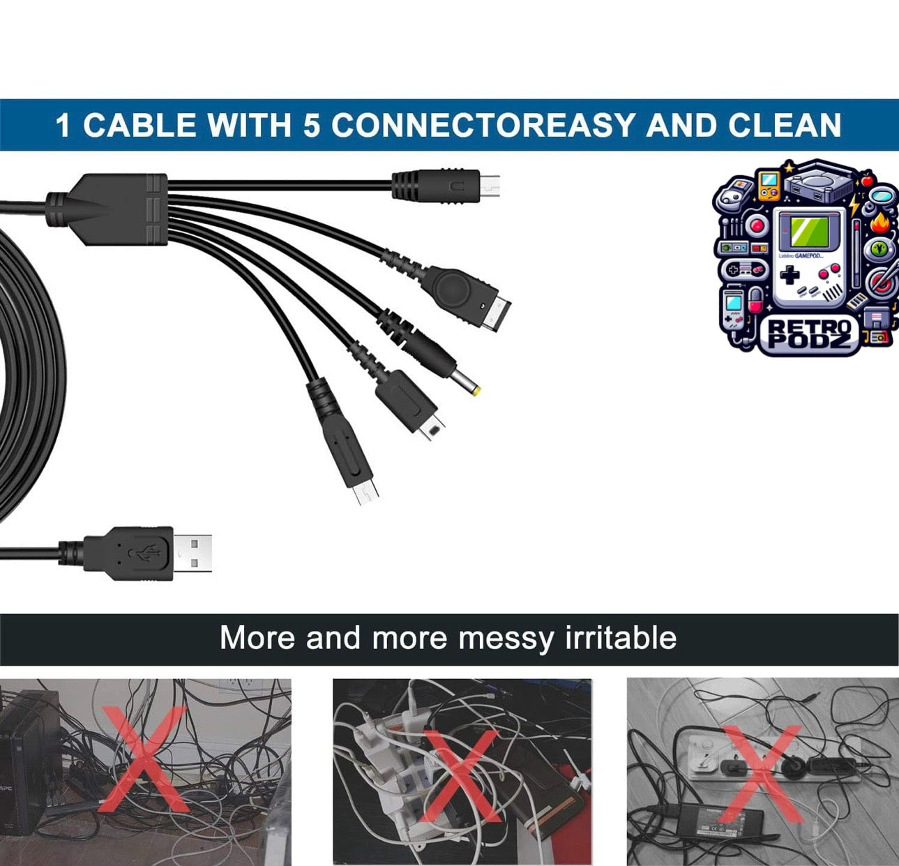 5 in 1 Charger Retro Game Charger - Nintendo DS, SP, 3ds, Dsi, PSP, WiiU