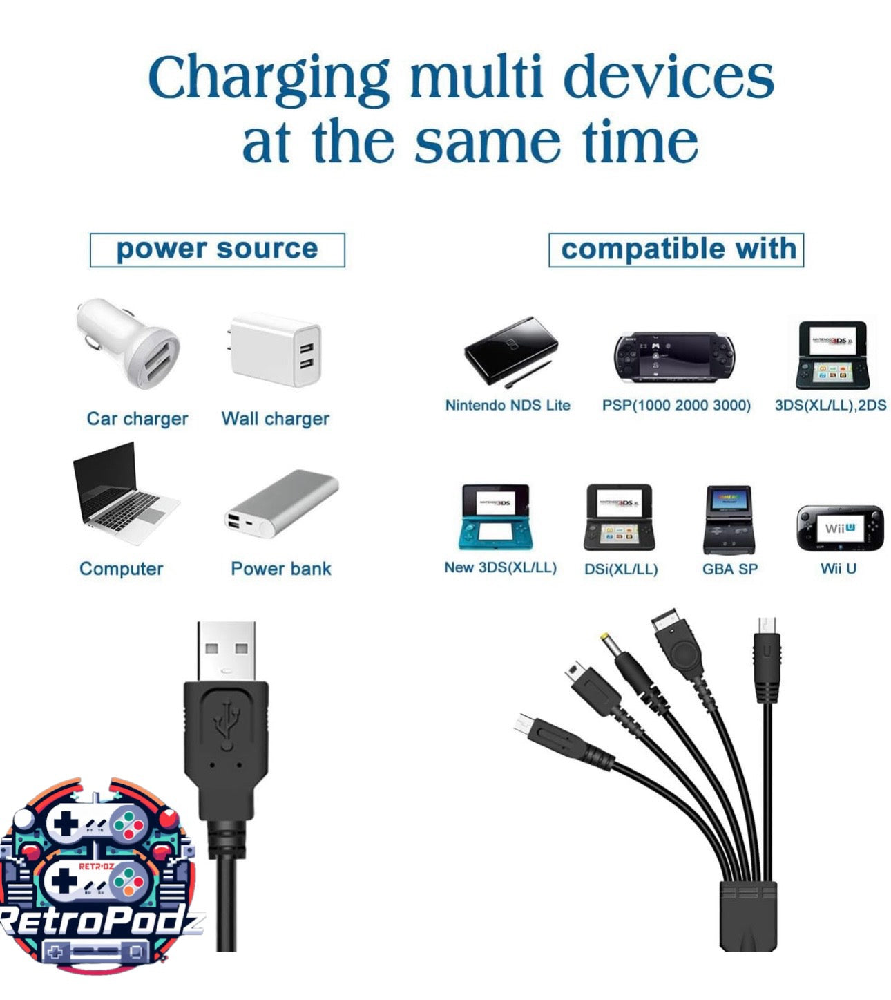 5 in 1 Charger Retro Game Charger - Nintendo DS, SP, 3ds, Dsi, PSP, Wi